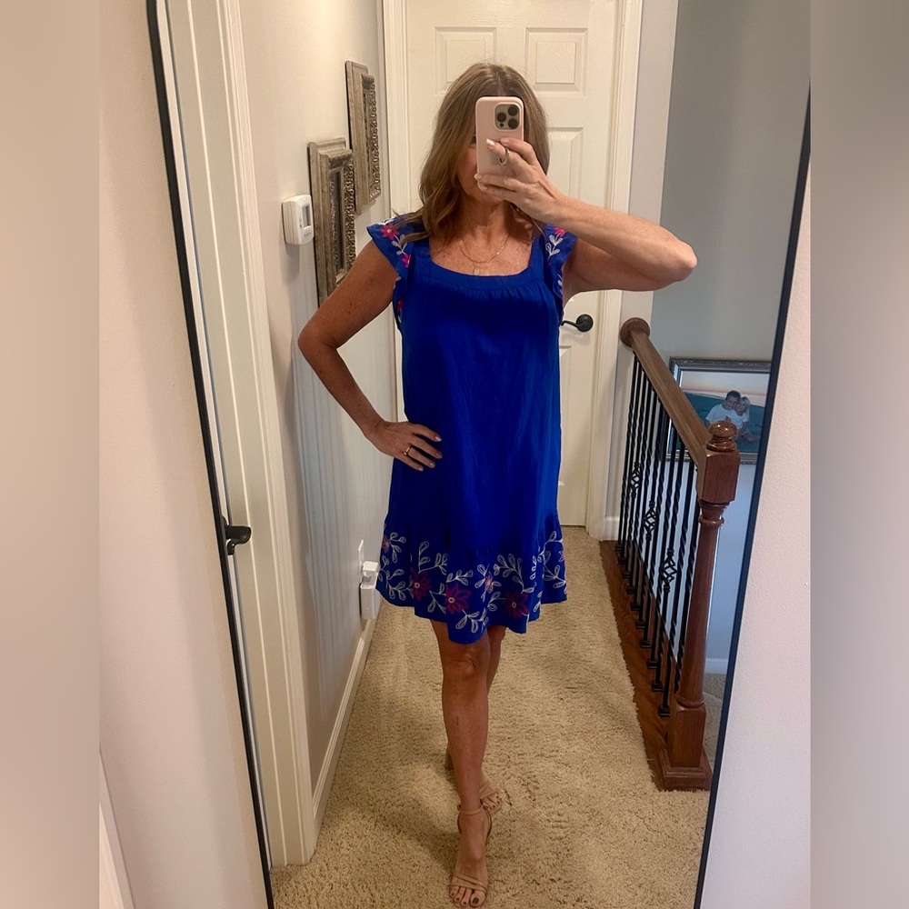 Loft royal blue linen blend tank dress with pink floral embroidered trim. Sz S